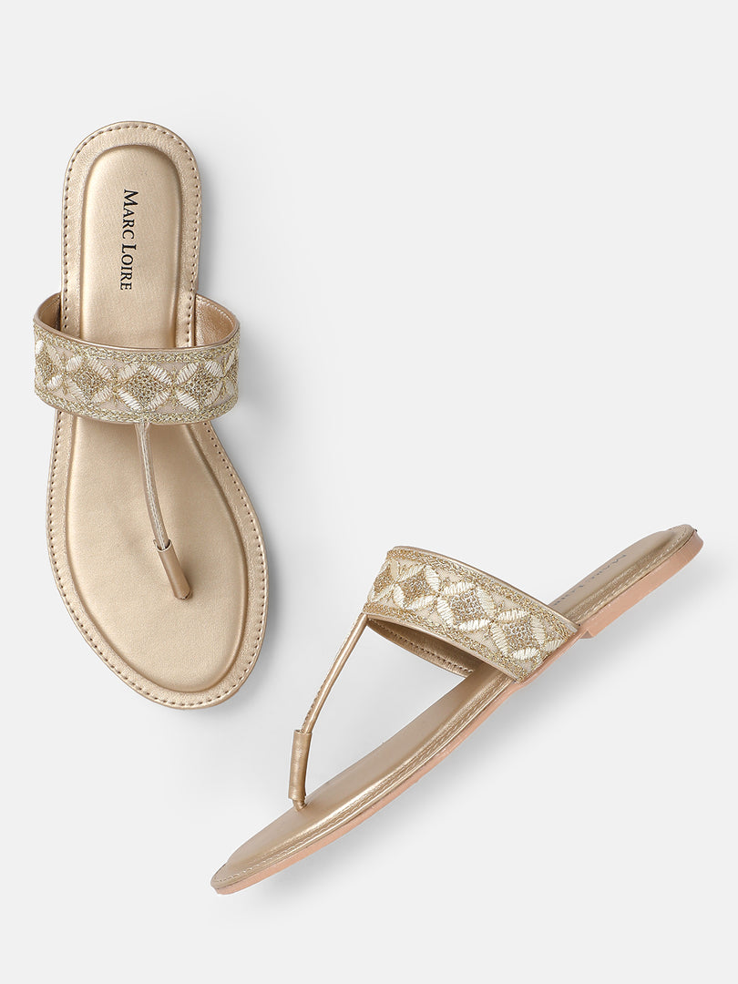 Embroidered T Strap Flats