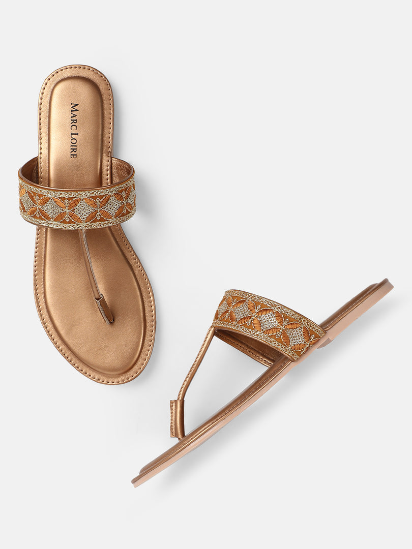 Embroidered T Strap Flats