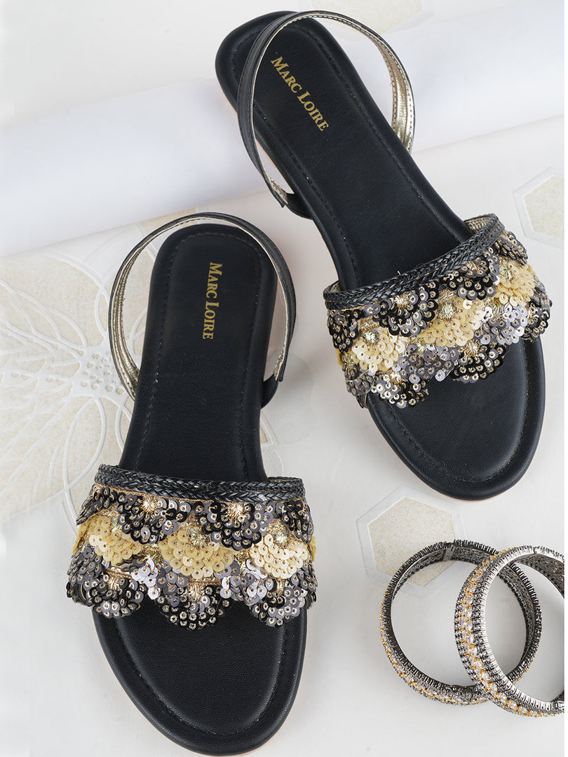 Toned Embellished Open Toe Flats