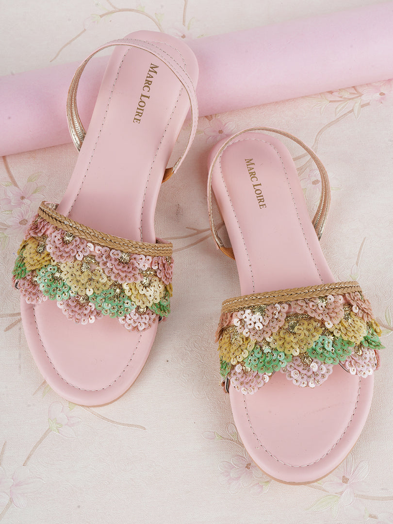 Toned Embellished Open Toe Flats