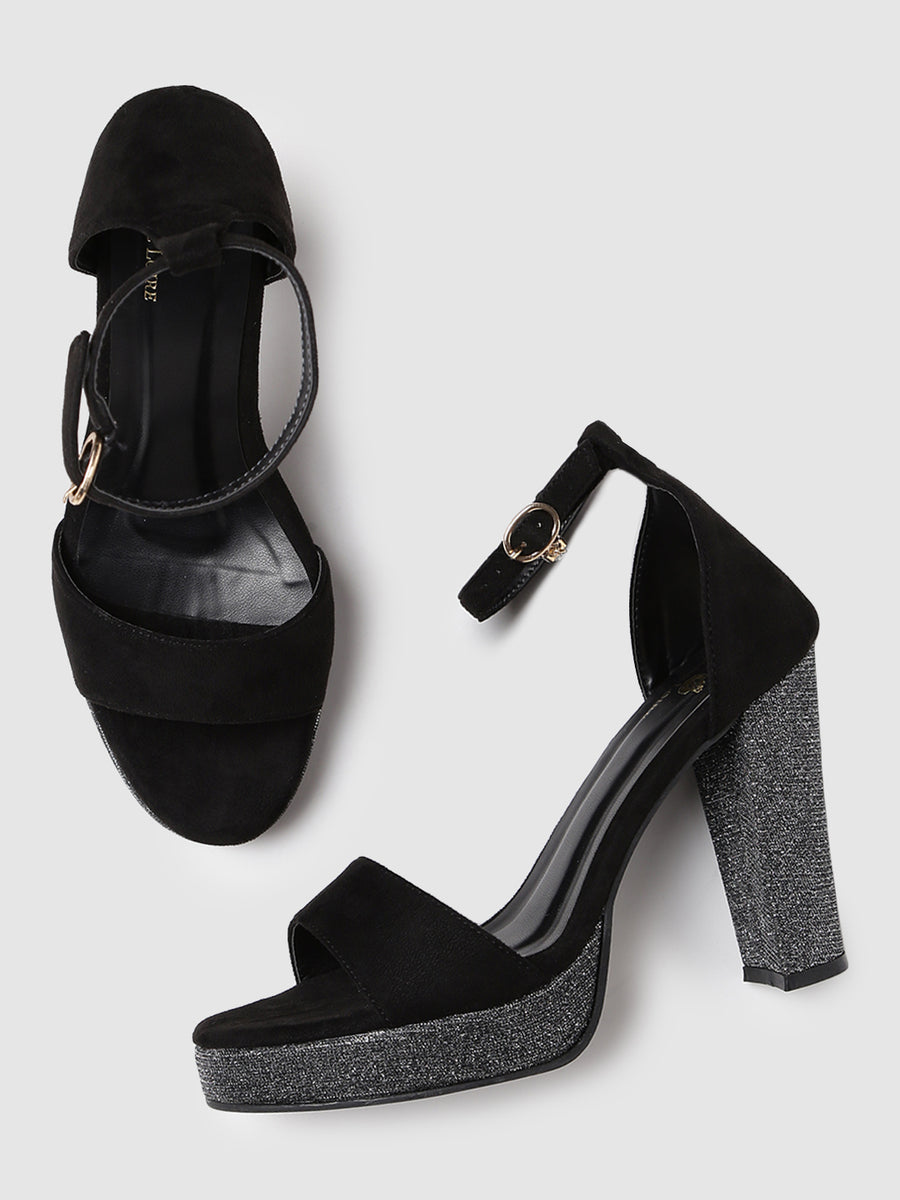 Platform Heels Open Toe Glitter Heels Black Glitter Shoes Peep Toe