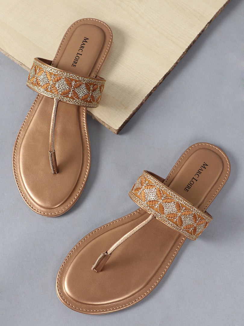 Embroidered T Strap Flats