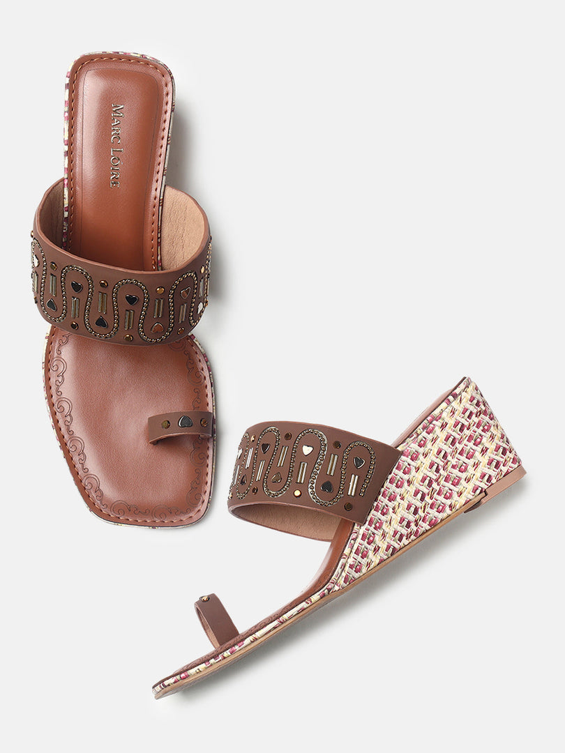 Marc Loire Womens Tan Ethnic Wedge Sandals Heels