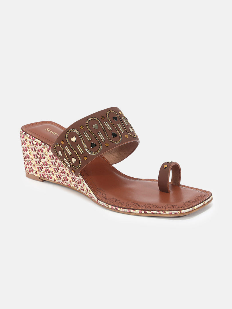 Marc Loire Womens Tan Ethnic Wedge Sandals Heels