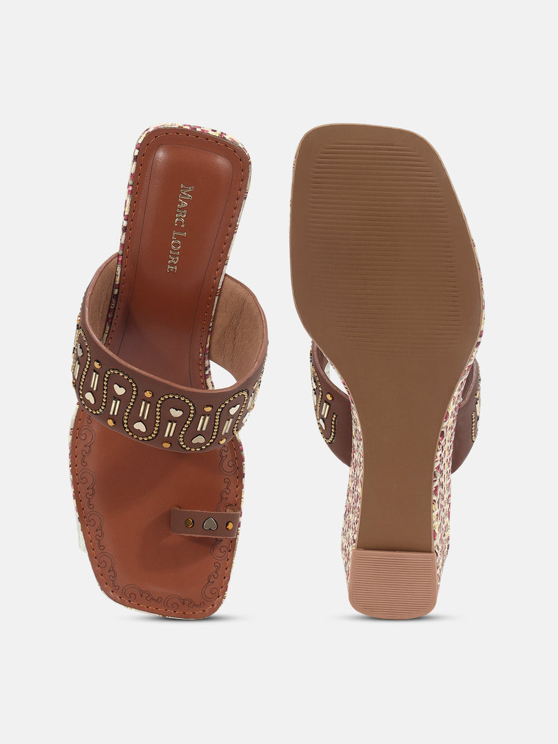 Marc Loire Womens Tan Ethnic Wedge Sandals Heels