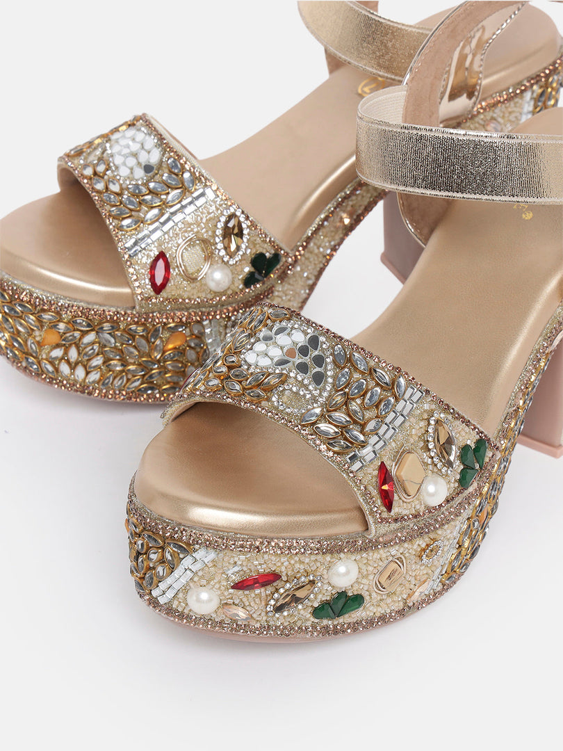 Marc Loire Womes Gold Wedge Party Sandals Heels