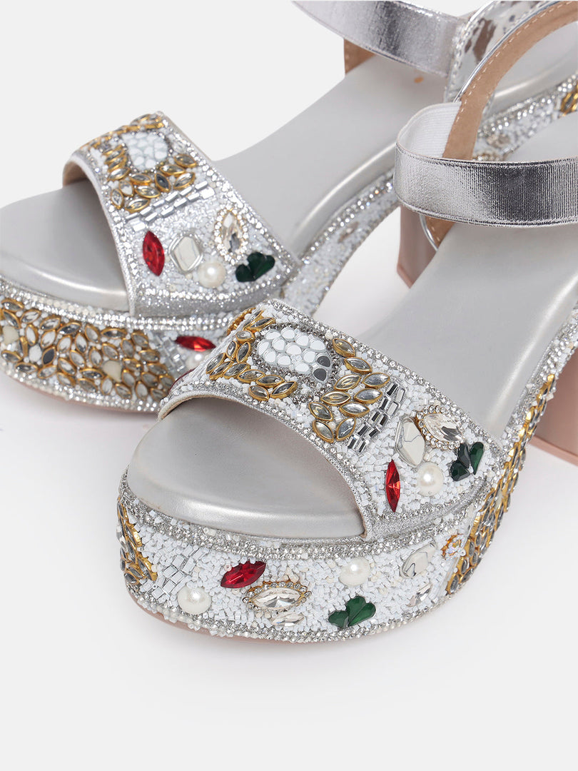 Marc Loire Womes Silver Wedge Party Sandals Heels