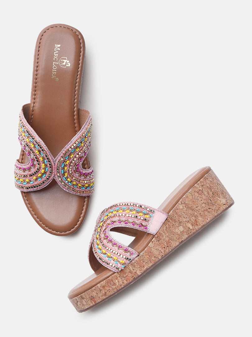 Marc Loire Womens Rose Gold Ethnic Wedge Sandals Heels