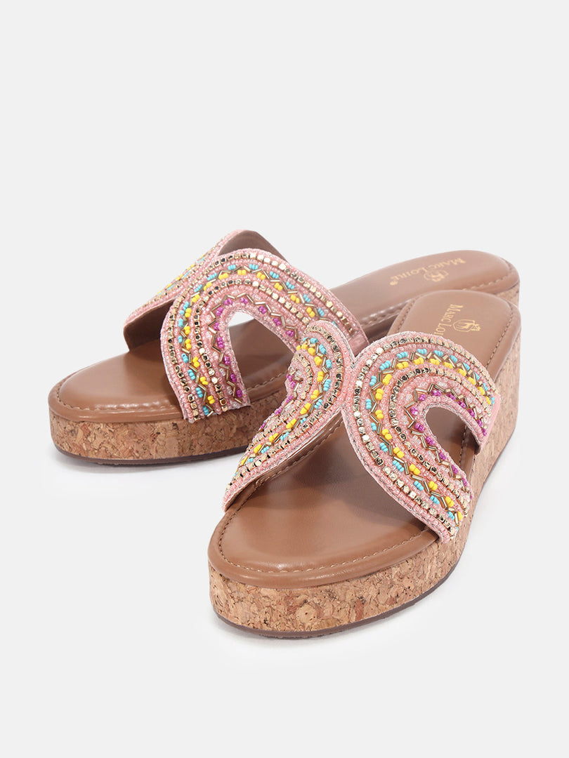Marc Loire Womens Rose Gold Ethnic Wedge Sandals Heels