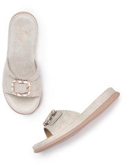 Marc Loire Womes Gun Metal Embellished Open Toe Flats