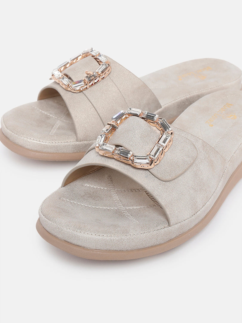 Marc Loire Womes Gun Metal Embellished Open Toe Flats