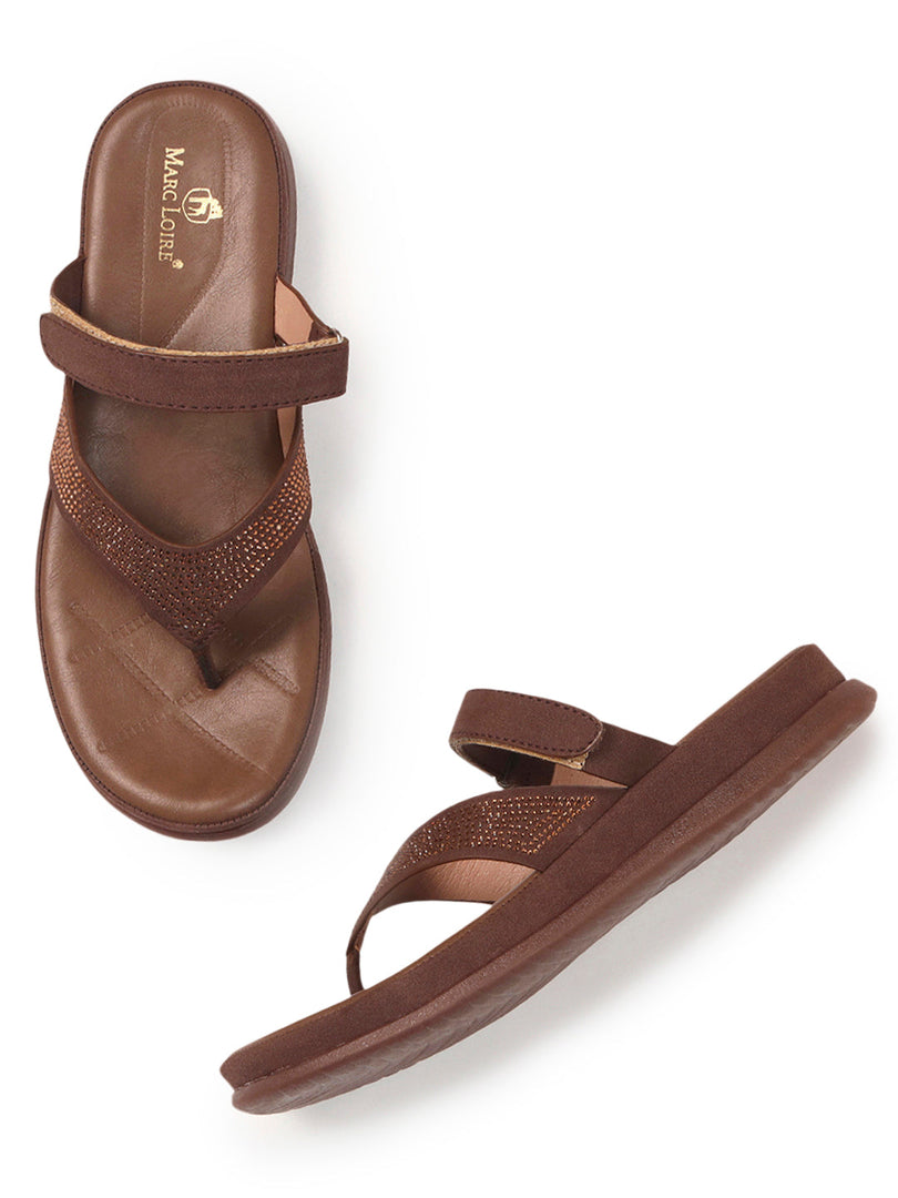 Marc Loire Womes Brown Embellished Open Toe Flats