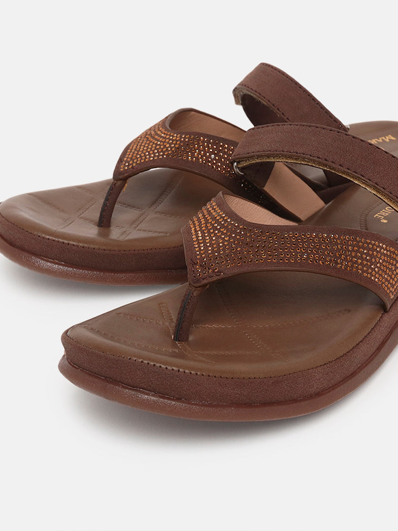 Marc Loire Womes Brown Embellished Open Toe Flats