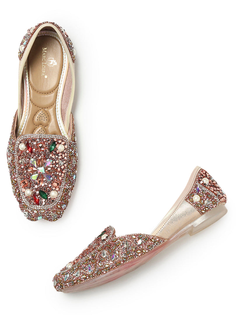 Marc Loire Womes Rose Gold Embellished Ethnic Mojaris