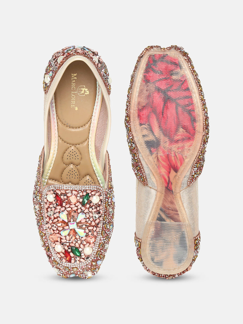Marc Loire Womes Rose Gold Embellished Ethnic Mojaris