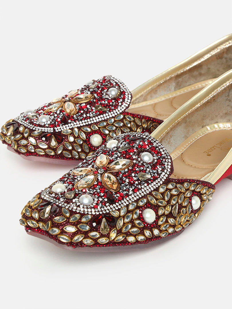 Marc Loire Womes Maroon Embellished Ethnic Mojaris