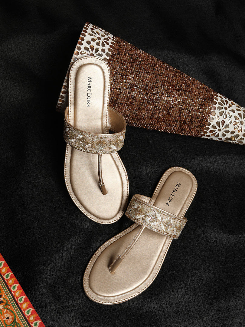 Embroidered T Strap Flats